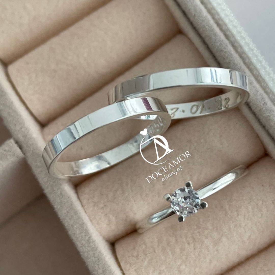 Alianças em Prata 950 - Selene - 2mm  - Solitário Tradicional de Brinde