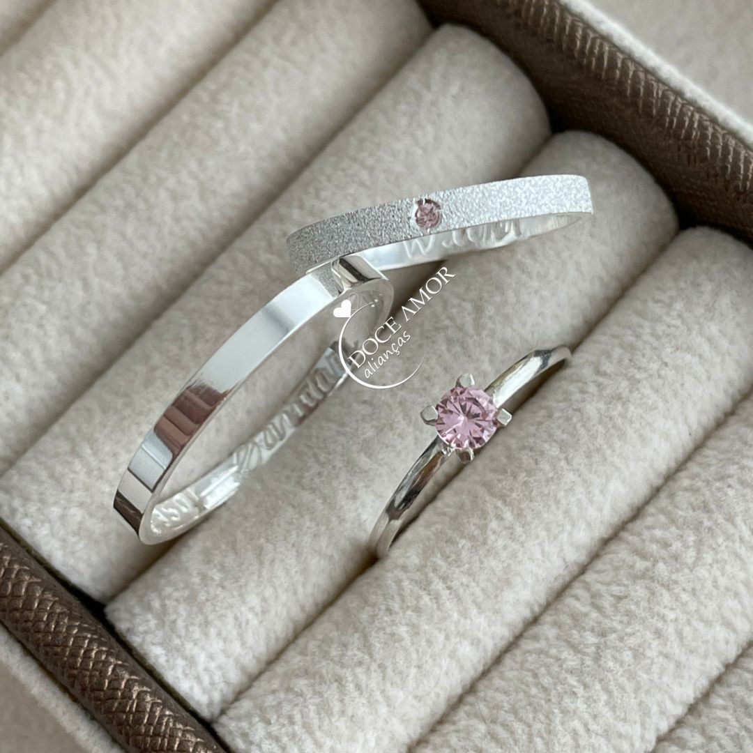 Alianças em Prata 950 - Selene - 2mm - com pedra - Solitário Tradicional 