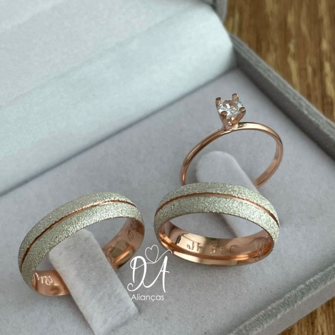 Alianças em Prata 950 - Celeste - 5mm  com Banho de Ouro Rose - Solitário Tradicional 