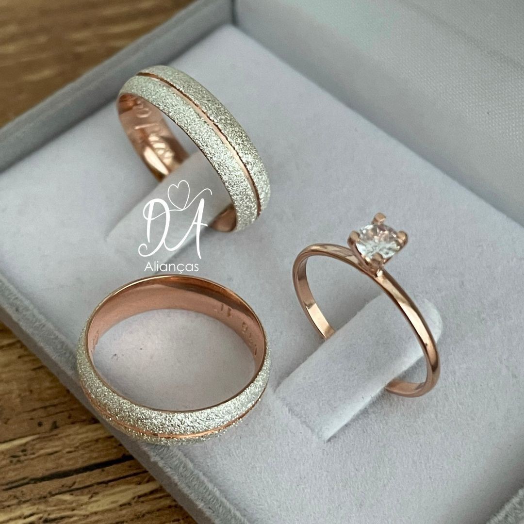 Alianças em Prata 950 - Celeste - 5mm  com Banho de Ouro Rose - Solitário Tradicional 