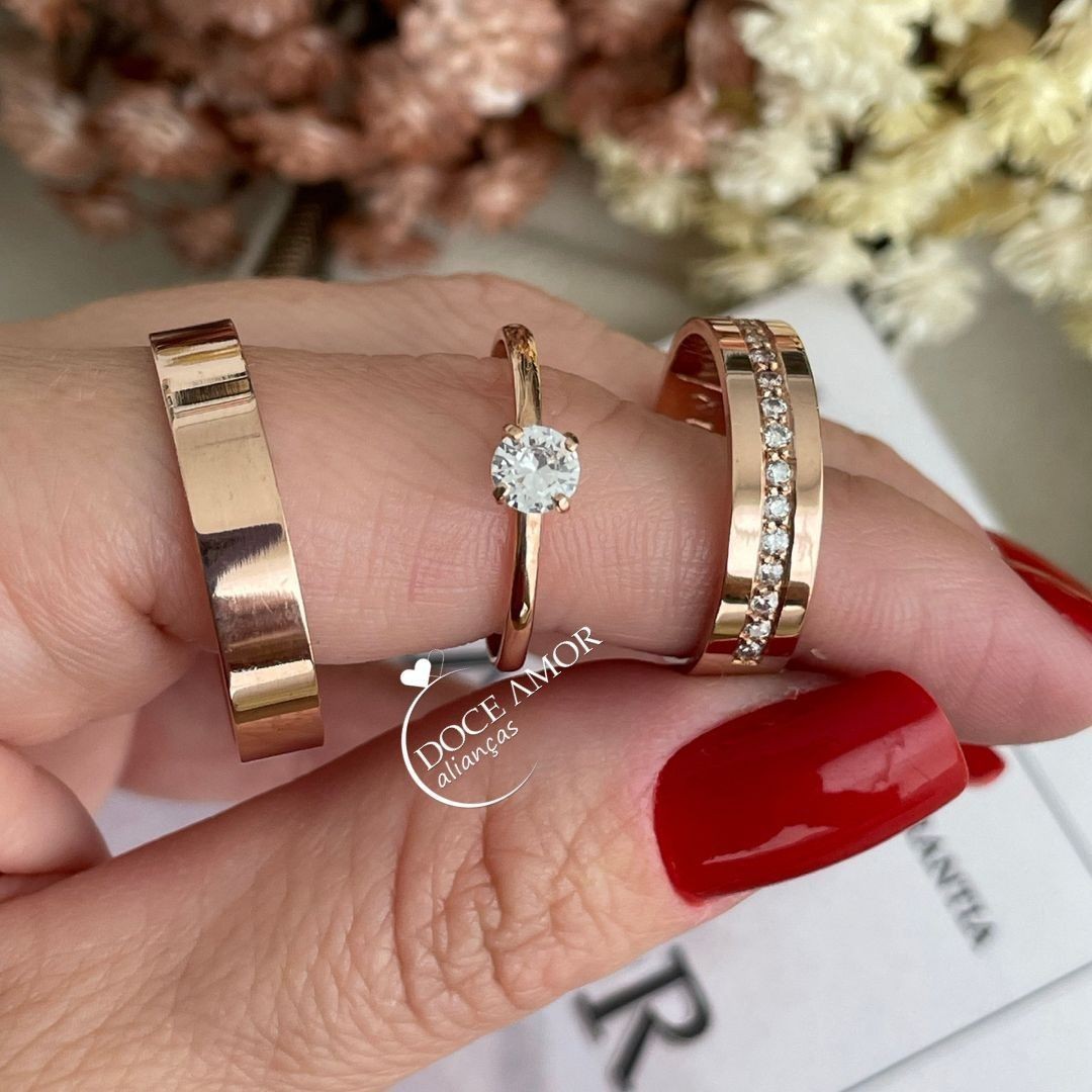 Alianças em Prata 950 - Selene - 4mm  com Banho de Ouro Rose- Solitário Tradicional 