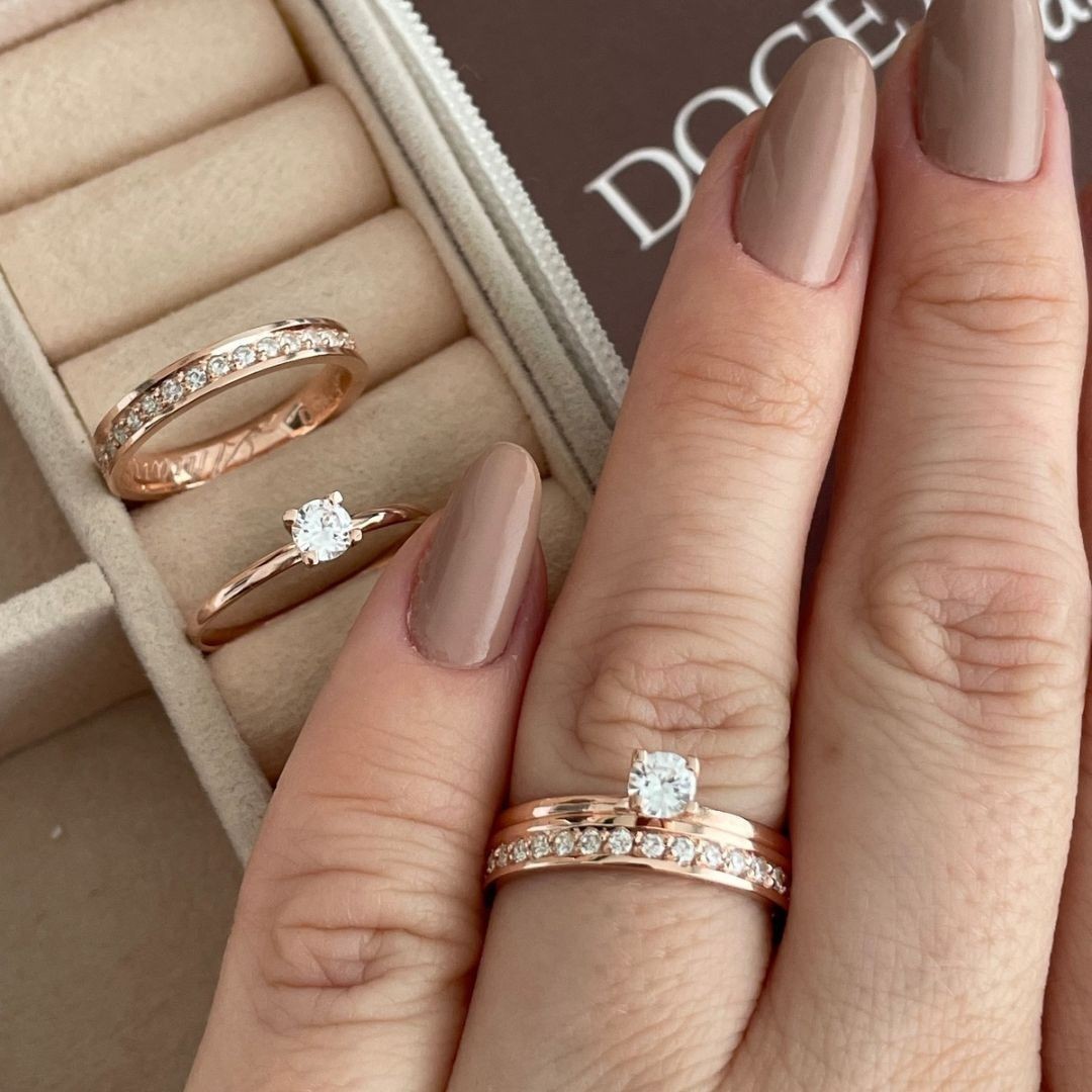 Alianças em Prata 950 - Selene - 3mm  com Banho de Ouro Rose - Solitário Tradicional 