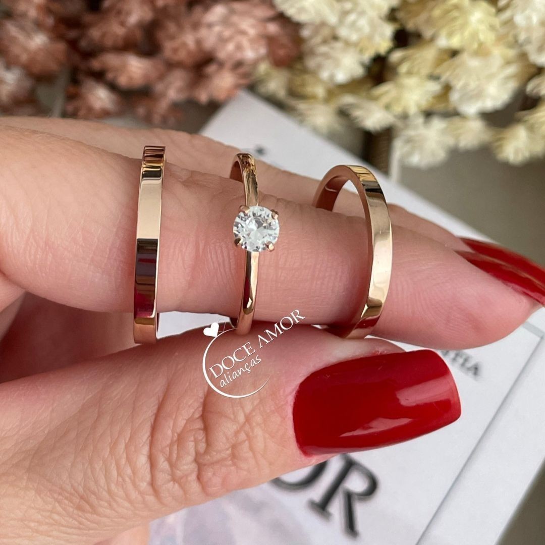Alianças em Prata 950 - Selene - 2mm  com Banho de Ouro Rose - Solitário Tradicional 