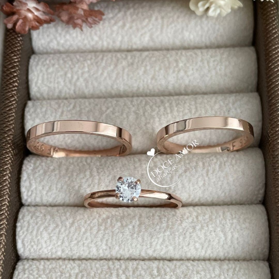 Alianças em Prata 950 - Selene - 2mm  com Banho de Ouro Rose - Solitário Tradicional 