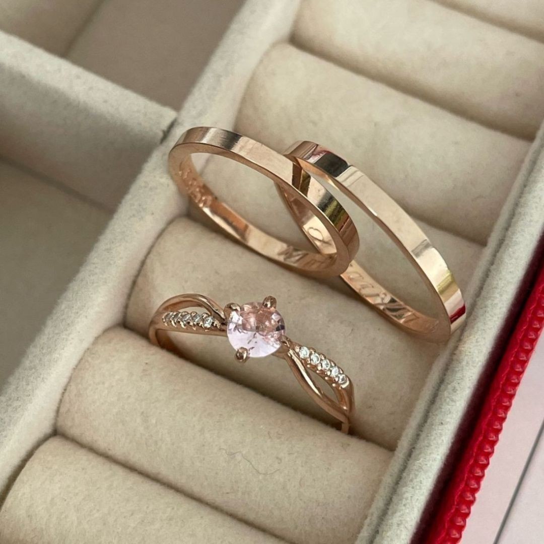 Alianças em Prata 950 - Selene - 2mm  com Banho de Ouro Rose - Solitário Princess