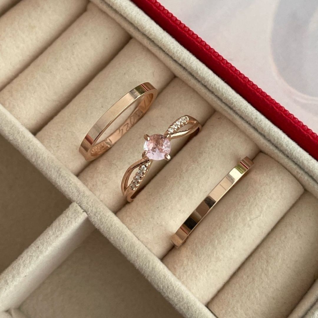 Alianças em Prata 950 - Selene - 2mm  com Banho de Ouro Rose - Solitário Princess