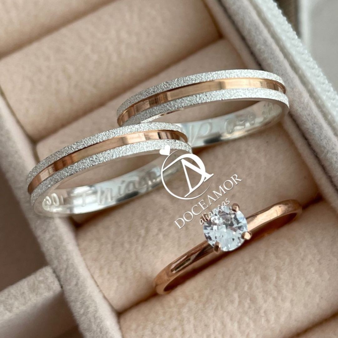 Alianças em Prata 950 - Maya - 3mm - com Filetes Banhados no Ouro Rose - Solitário Tradicional