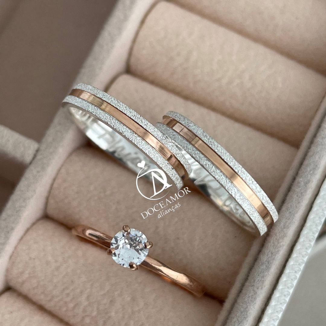 Alianças em Prata 950 - Maya - 3mm - com Filetes Banhados no Ouro Rose - Solitário Tradicional