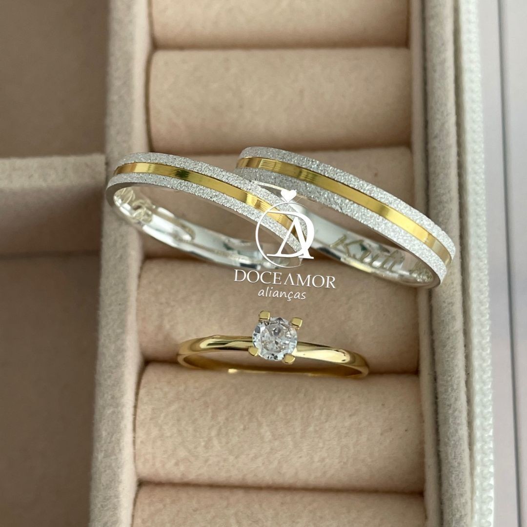 Alianças em Prata 950 - Maya - 3mm - com Filetes Banhados no Ouro 18K - Solitário Tradicional