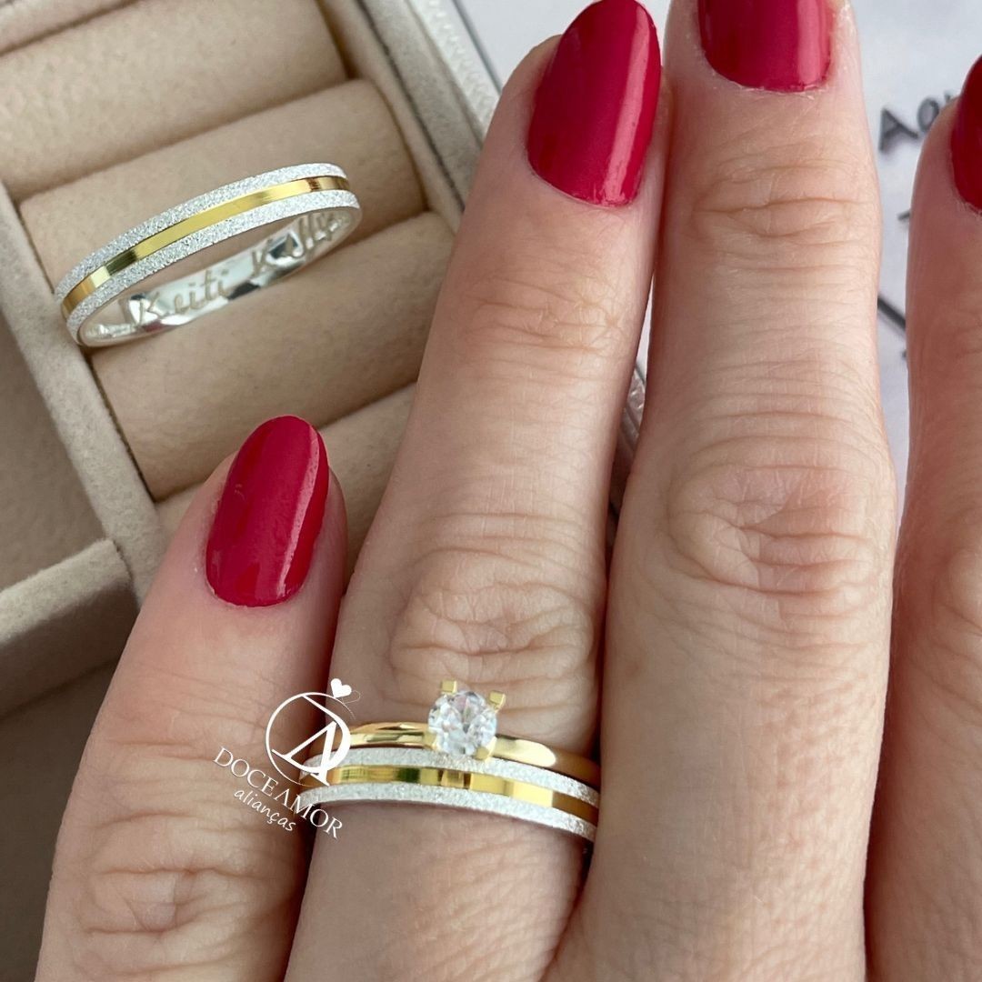 Alianças em Prata 950 - Maya - 3mm - com Filetes Banhados no Ouro 18K - Solitário Tradicional