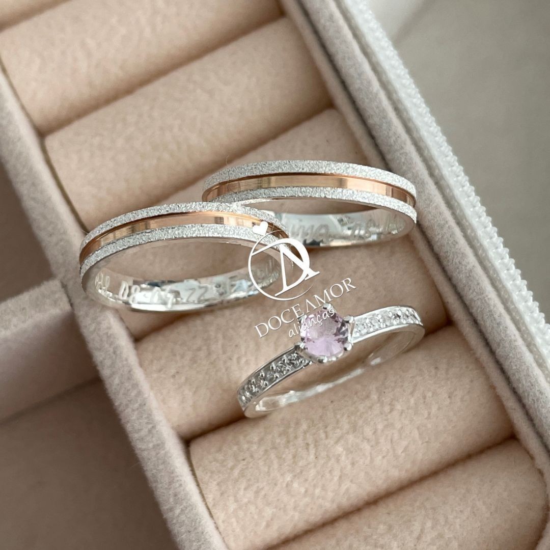 Alianças em Prata 950 - Maya - 3mm - com Filetes Banhados no Ouro Rose - Solitário Elegance