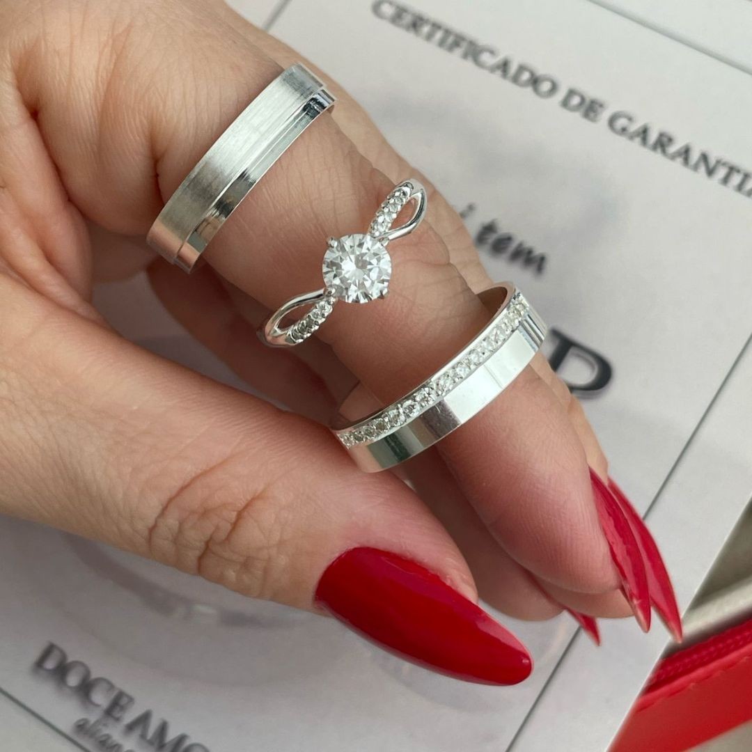  Alianças em Prata 950 - 4mm - Riviera - Solitário Princes