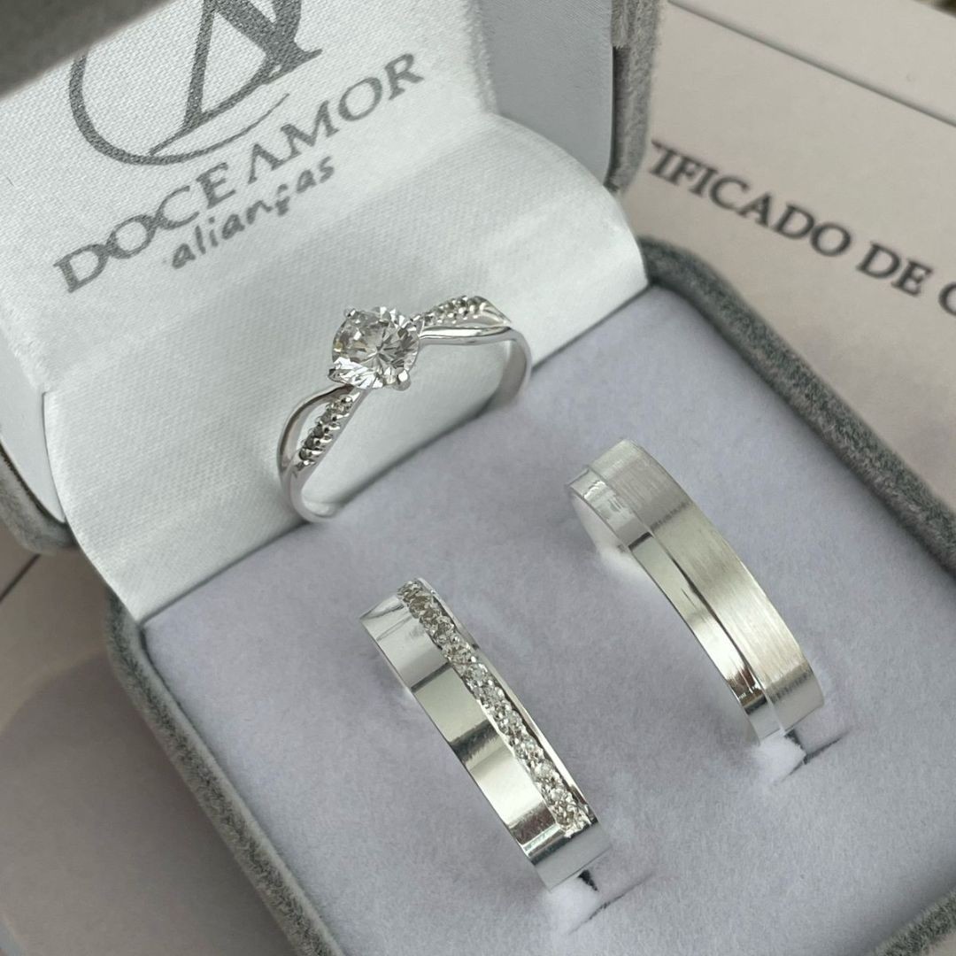  Alianças em Prata 950 - 4mm - Riviera - Solitário Princes