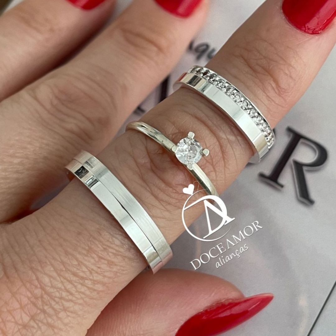 Alianças em Prata 950 - 4mm - Riviera - Solitário Tradicional