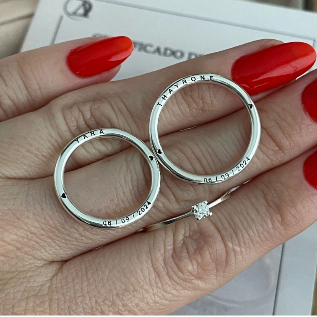 Alianças em Prata 950 -  Fio Redondo -  Solitário Tradicional 