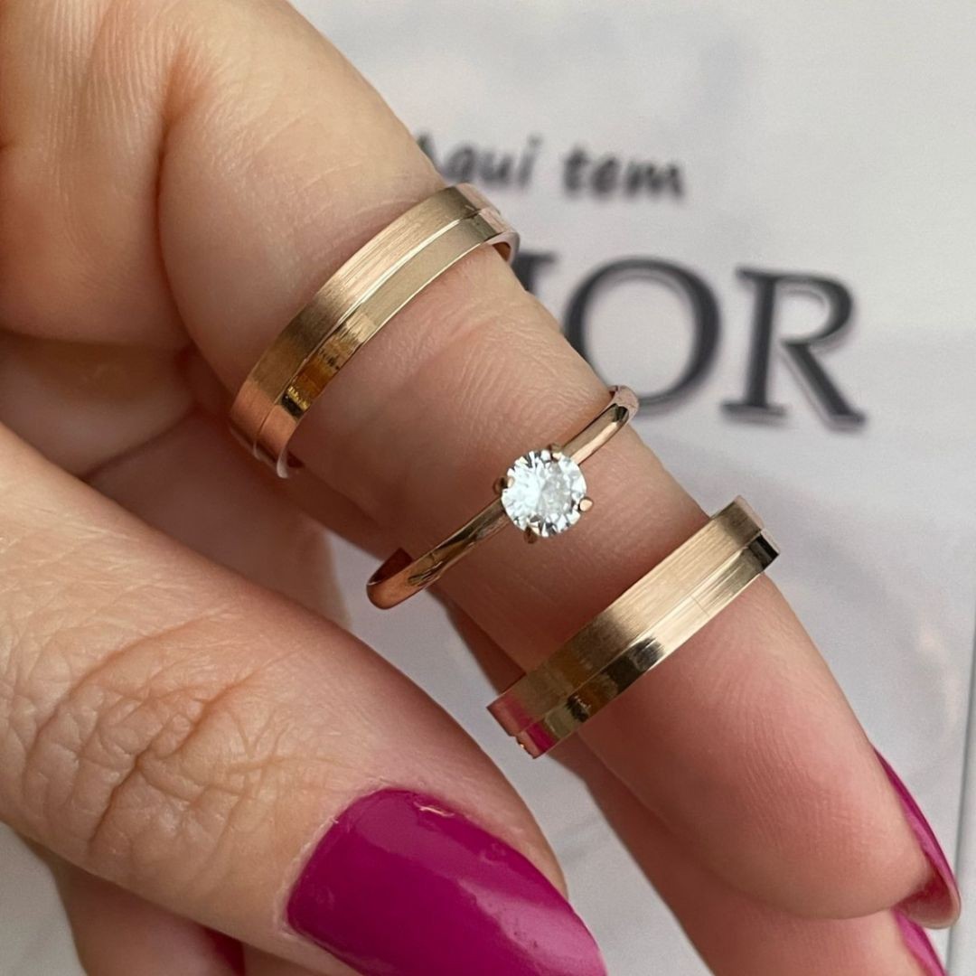 Alianças em Prata 950 - Riviera - 4mm  com Banho de Ouro Rose - Solitário Tradicional 