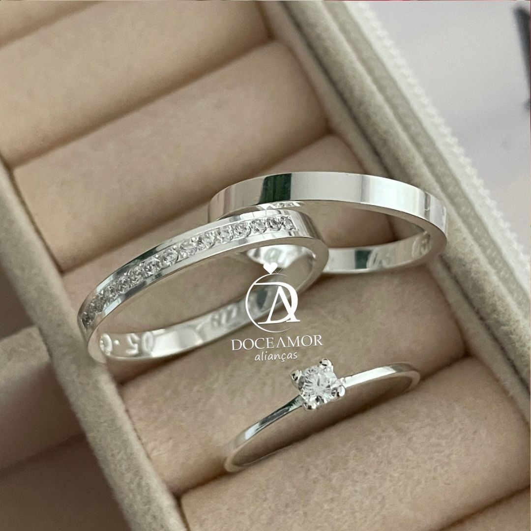 Alianças em Prata 950 - Selene - 2mm  - Solitário Tradicional