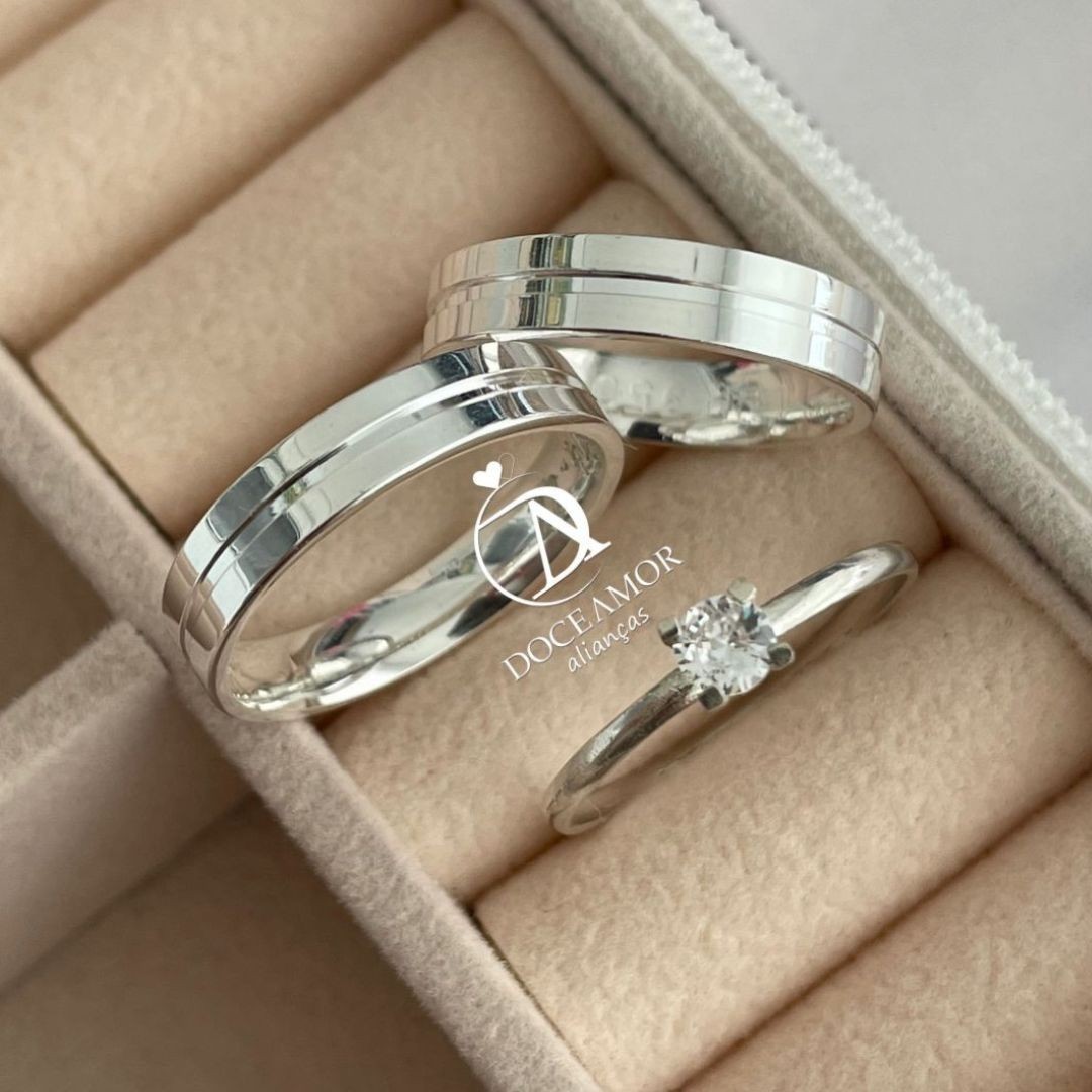 Alianças em Prata 950 - Estela - 4mm -  Solitário Tradicional 