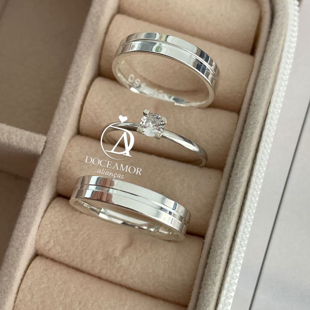 Alianças em Prata 950 - Estela - 4mm -  Solitário Tradicional 