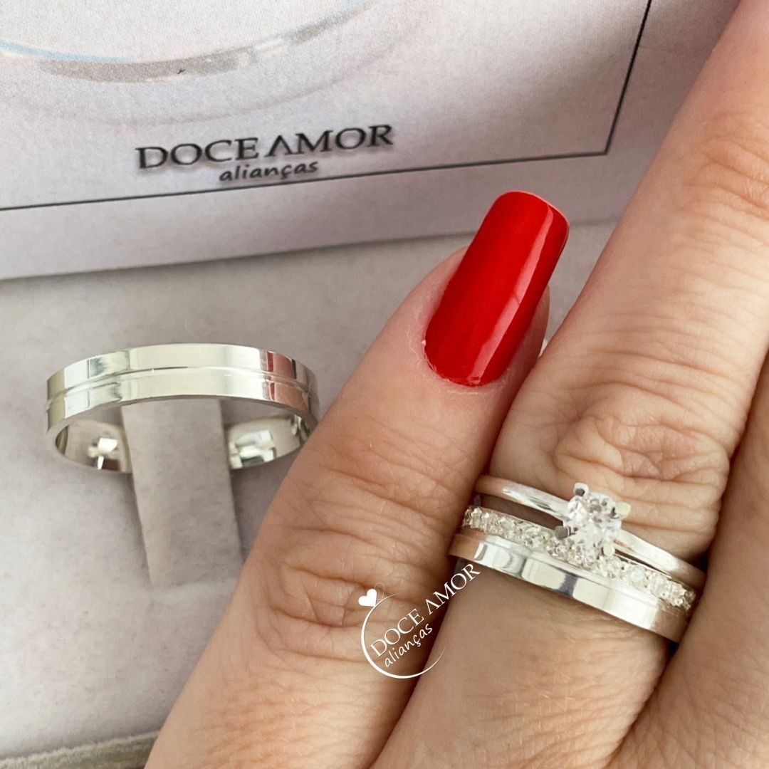 Alianças em Prata 950 - Estela - 4mm -  Solitário Tradicional 