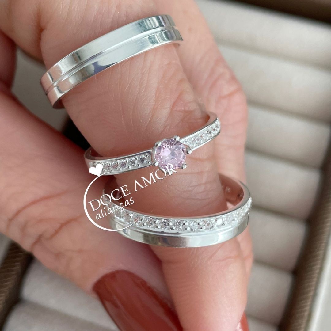 Alianças em Prata 950 - Estela - 4mm -  Solitário Elegance