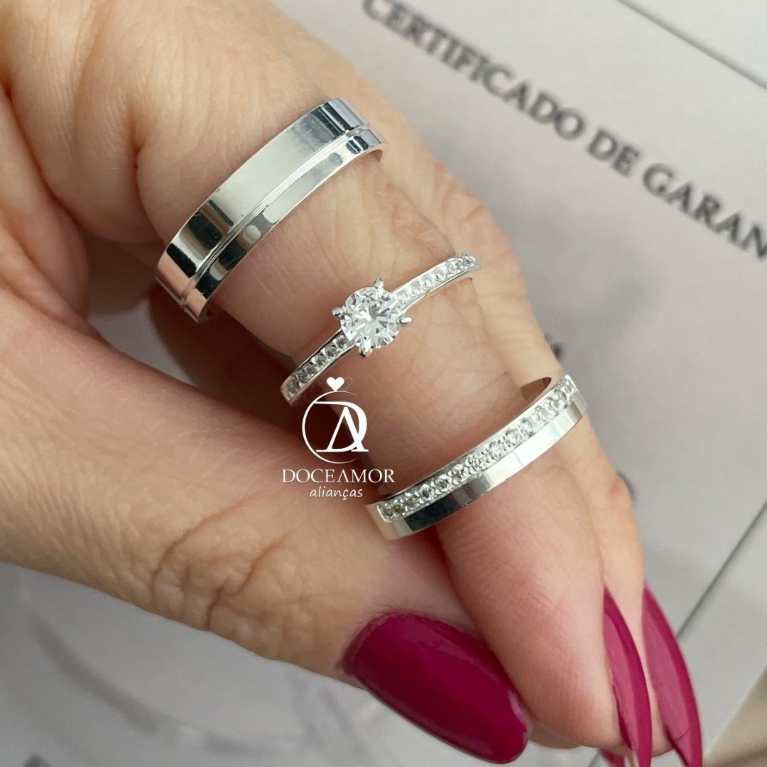 Alianças em Prata 950 - Estela - 5mm e 3mm - Solitário Elegance
