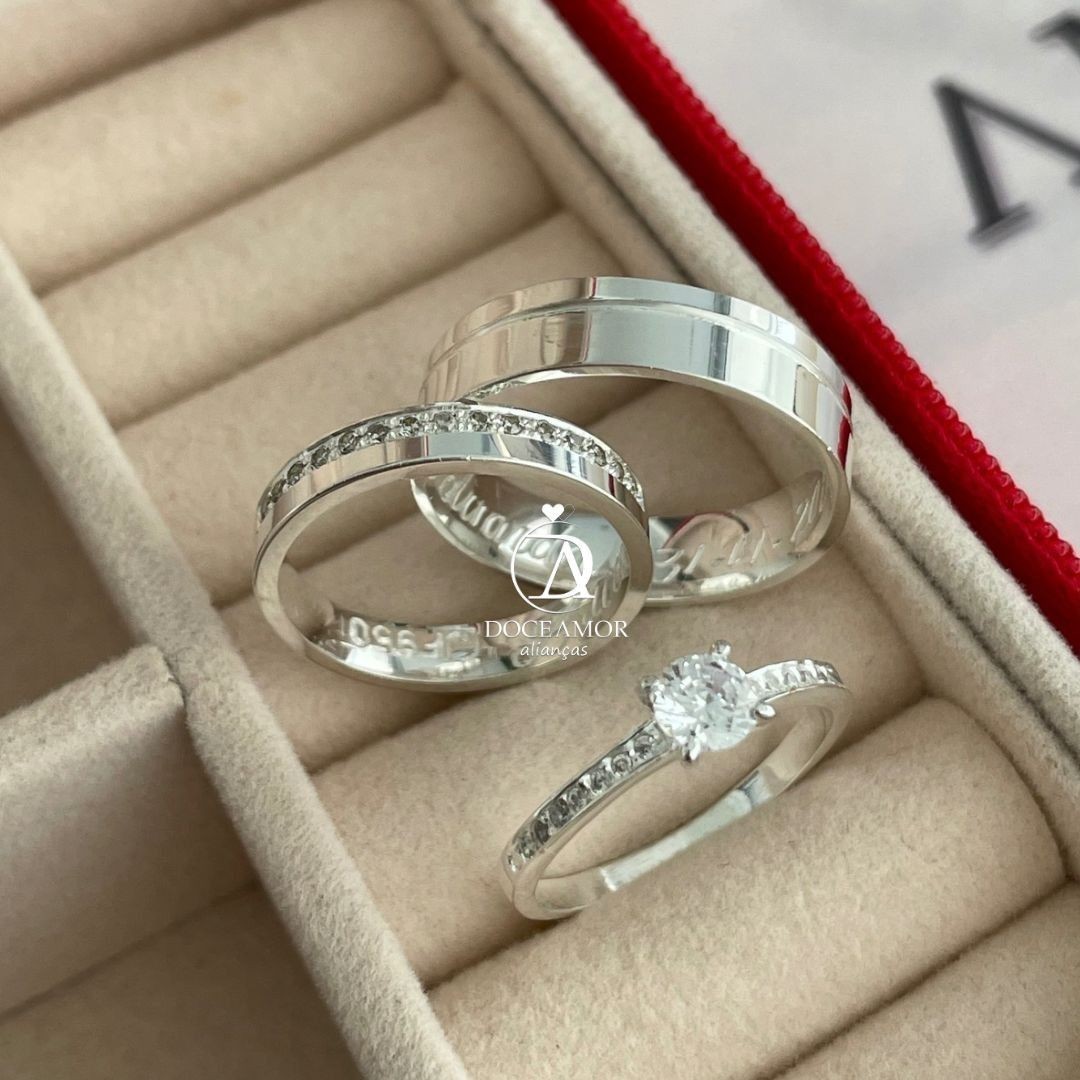 Alianças em Prata 950 - Estela - 5mm e 3mm - Solitário Elegance