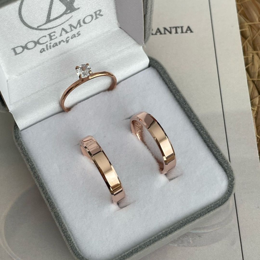 Alianças em Prata 950 - Lume - 4mm - com Banho de Ouro Rose -  Solitário Tradicional