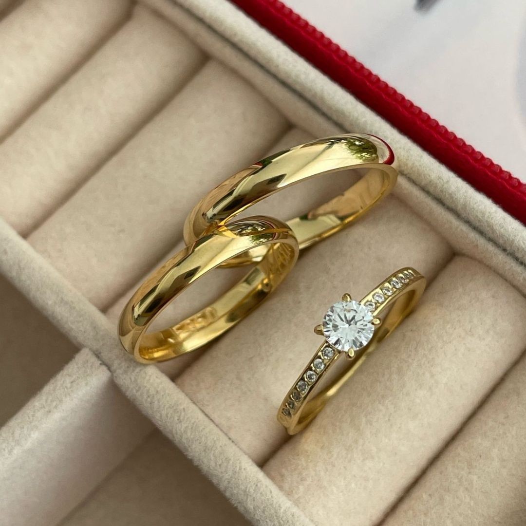 Alianças em Prata 950 - Aurora -  3mm - com Banho de ouro 18K - Solitário Elegance