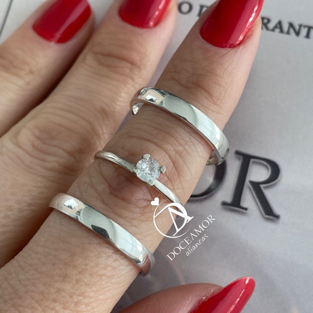 Alianças em Prata 950 - Aurora -  3mm - Solitário Tradicional