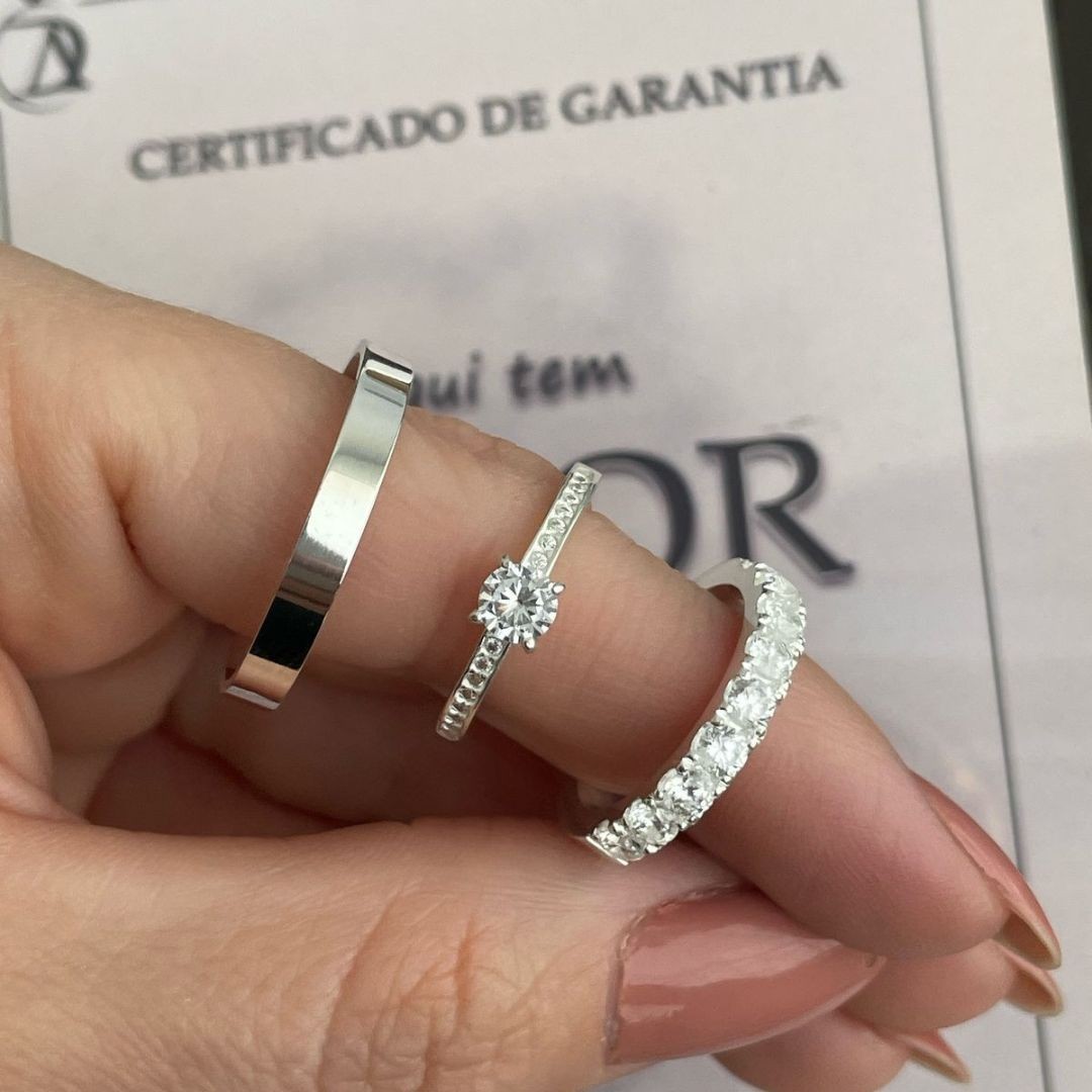 Alianças em Prata 950 - Cristal - 3mm  - Solitário Ellegance