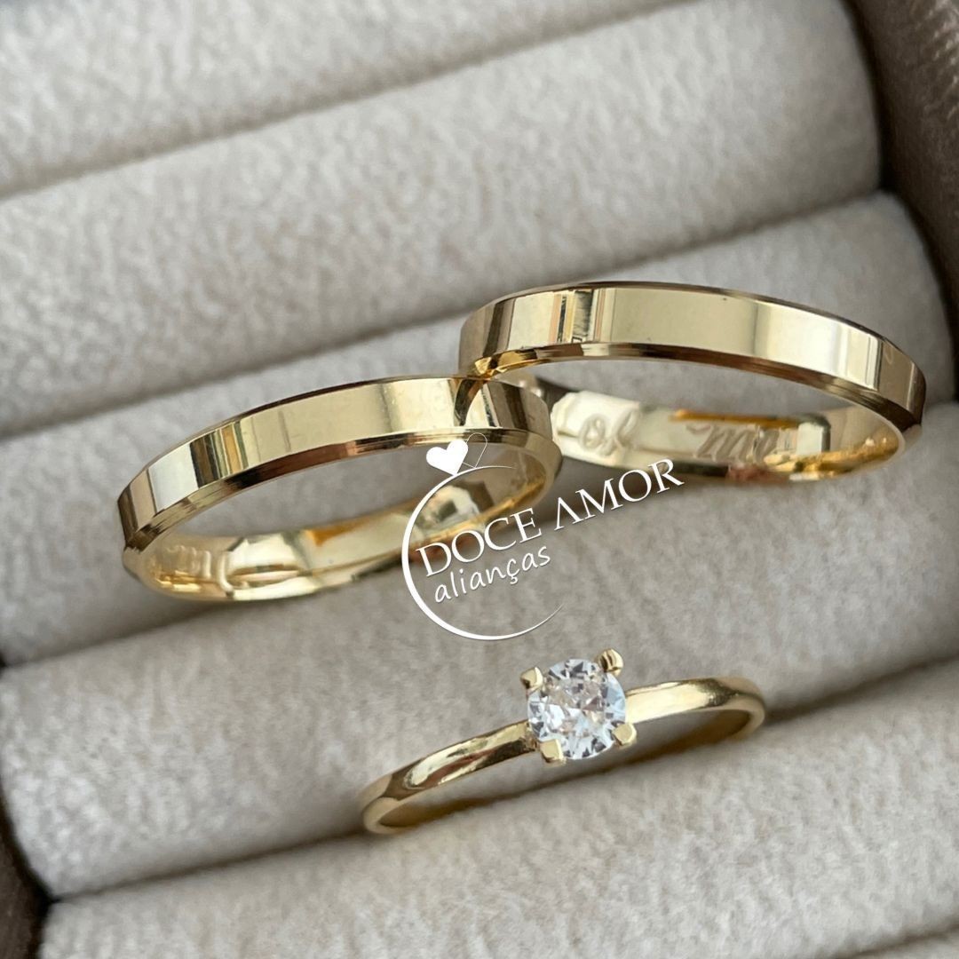 Alianças em Prata 950 - Lume - 3mm com Banho de Ouro 18K - Solitário Tradicional