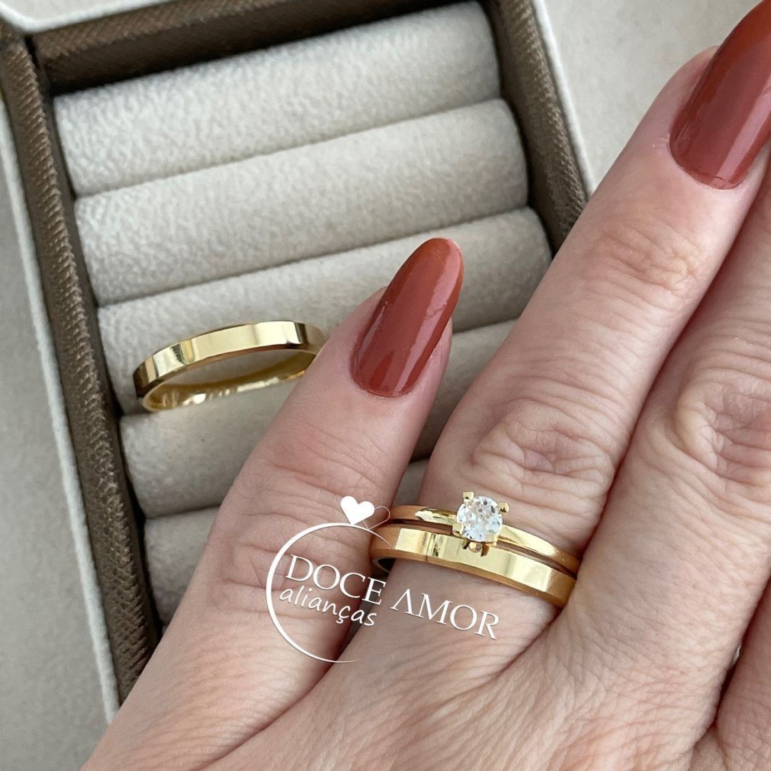 Alianças em Prata 950 - Lume - 3mm com Banho de Ouro 18K - Solitário Tradicional