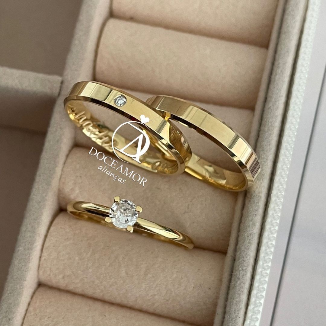 Alianças em Prata 950 - Lume - 3mm com Banho de Ouro 18K - Solitário Tradicional