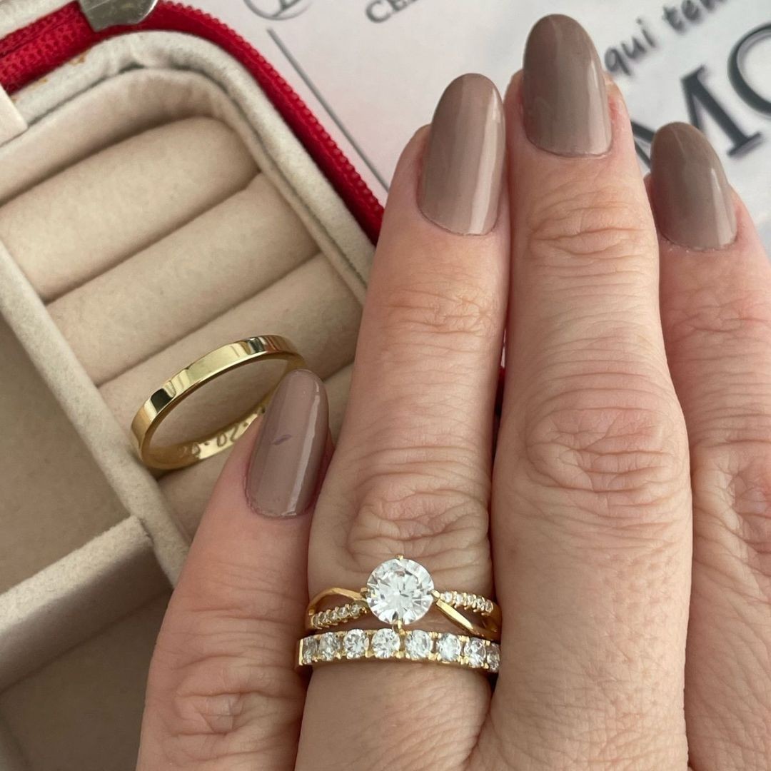 Alianças em Prata 950 - Banho de Ouro 18K - Cristal - 3mm  - Solitário Princes