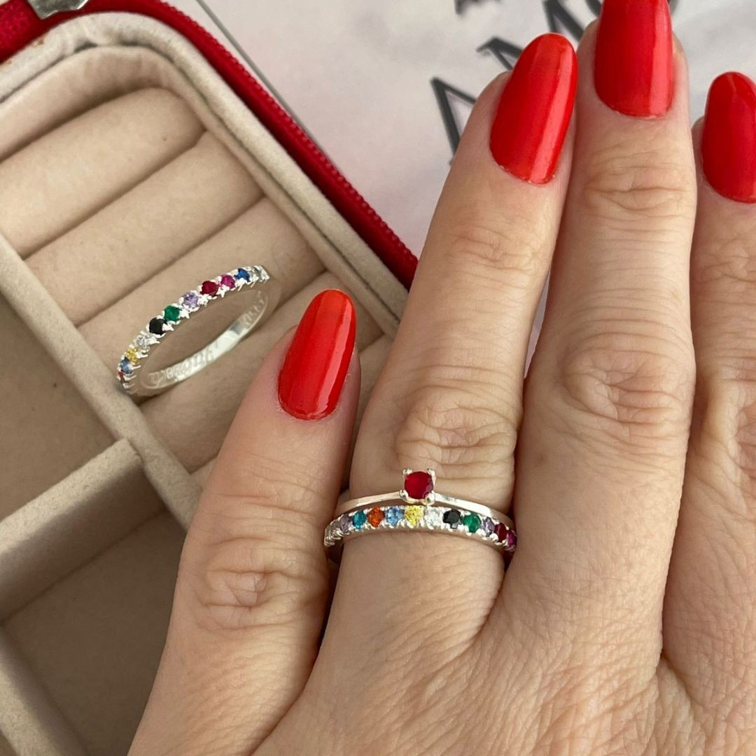 Alianças em Prata 950 - Lívia Colorida  - 2mm - Solitário Tradicional de Brinde 