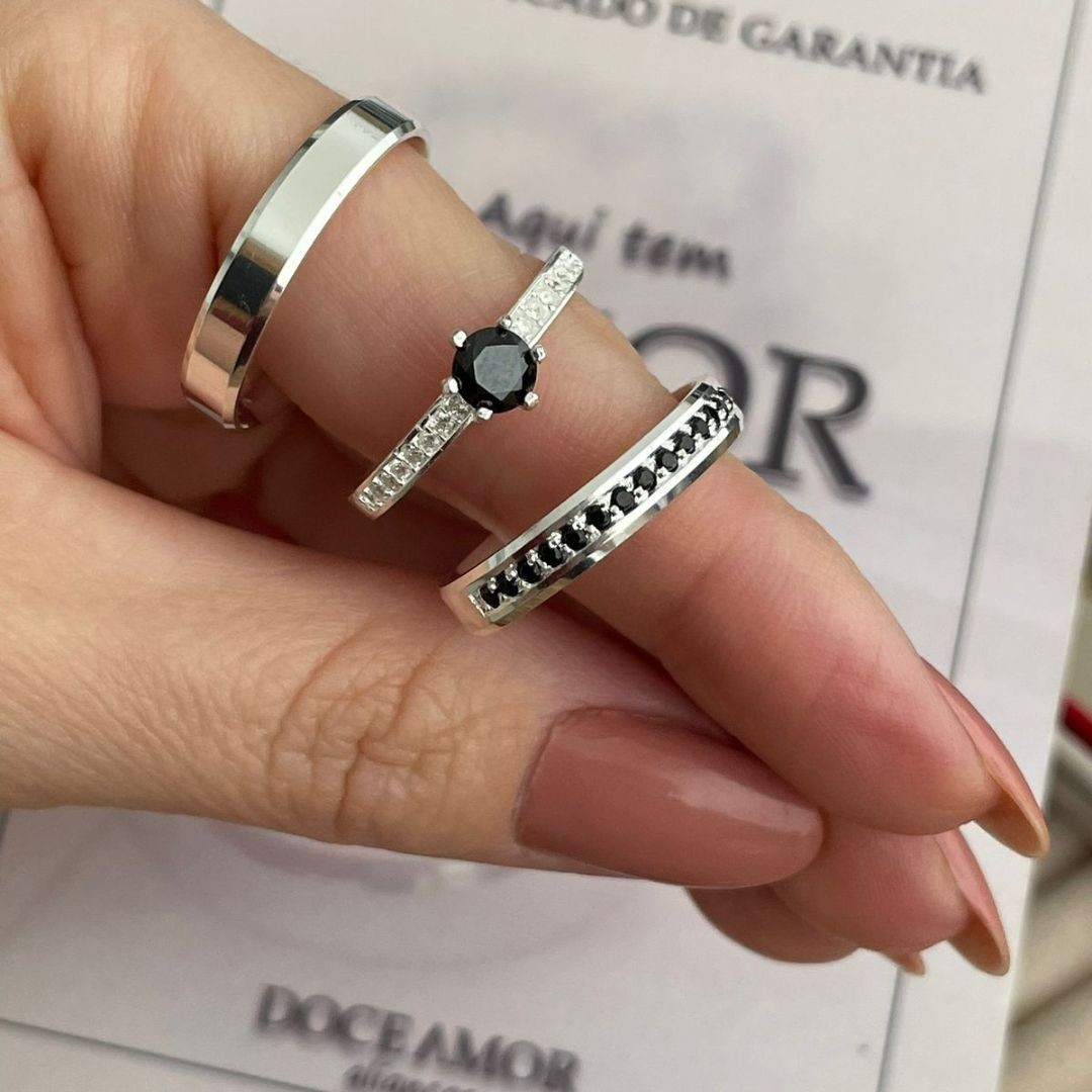 Alianças em Prata 950 - Lume Negra - 4mm - com pedras - Solitário Elegance