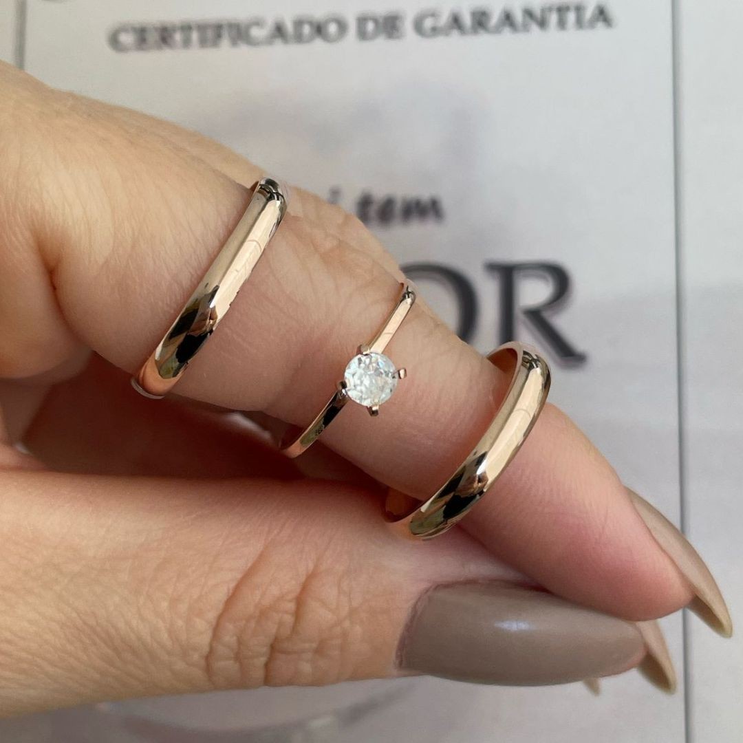 Alianças em Prata 950 - Aurora - 2mm  com Banho de Ouro Rose - Solitário Tradicional