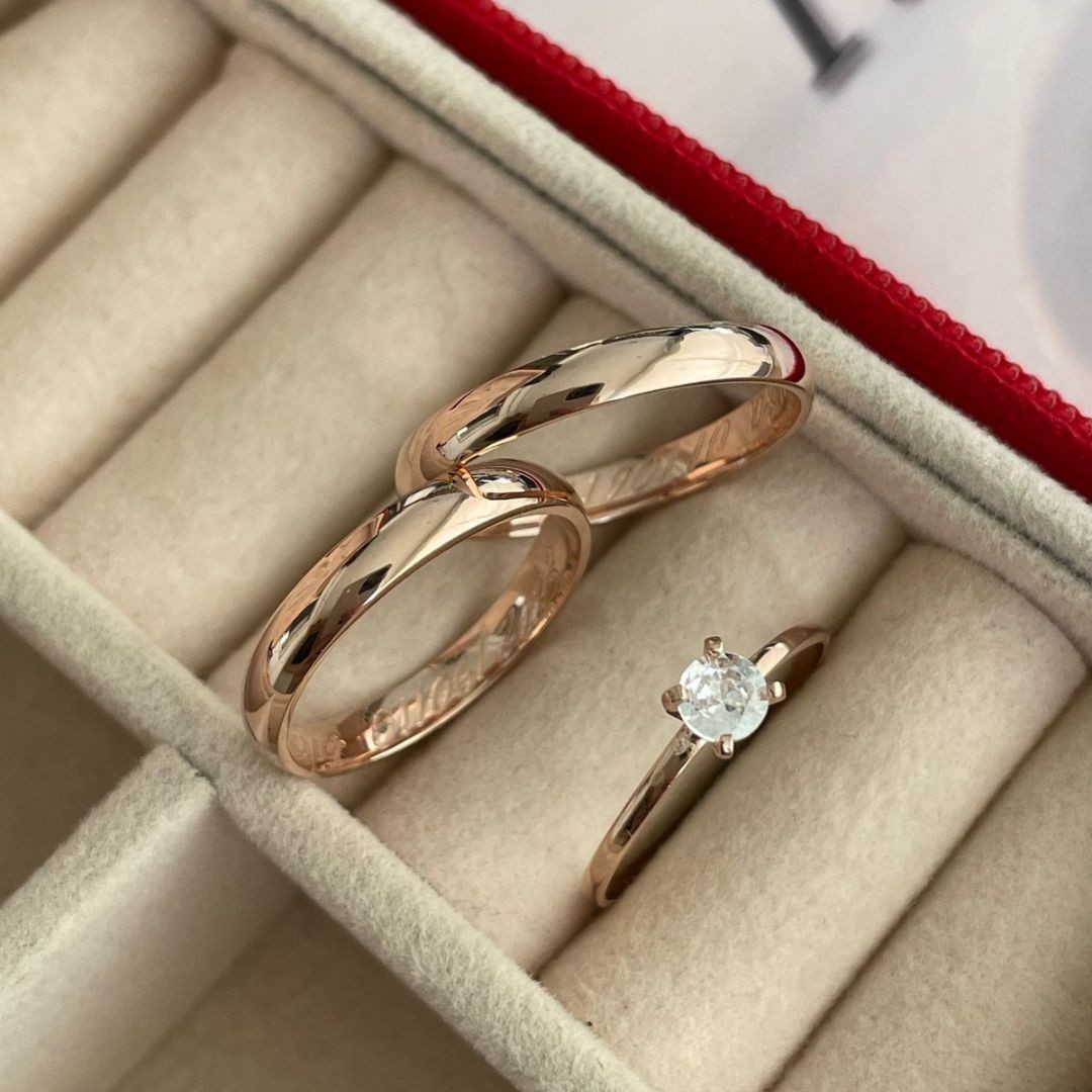 Alianças em Prata 950 - Aurora - 2mm  com Banho de Ouro Rose - Solitário Tradicional