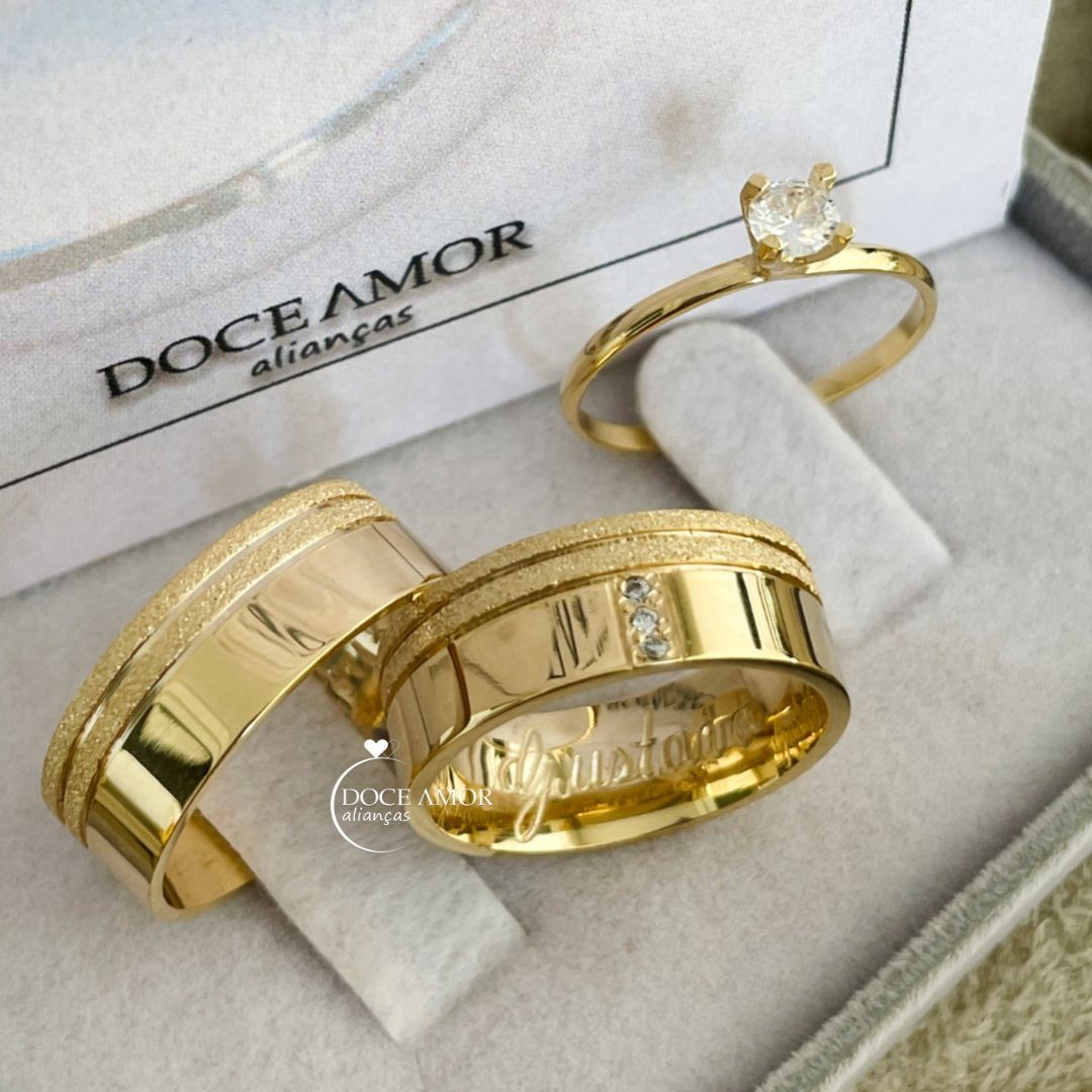 Par de Alianças em Prata 950  Banho Ouro 18K - 7mm   Modelo: DA-039-1  Solitário Tradicional