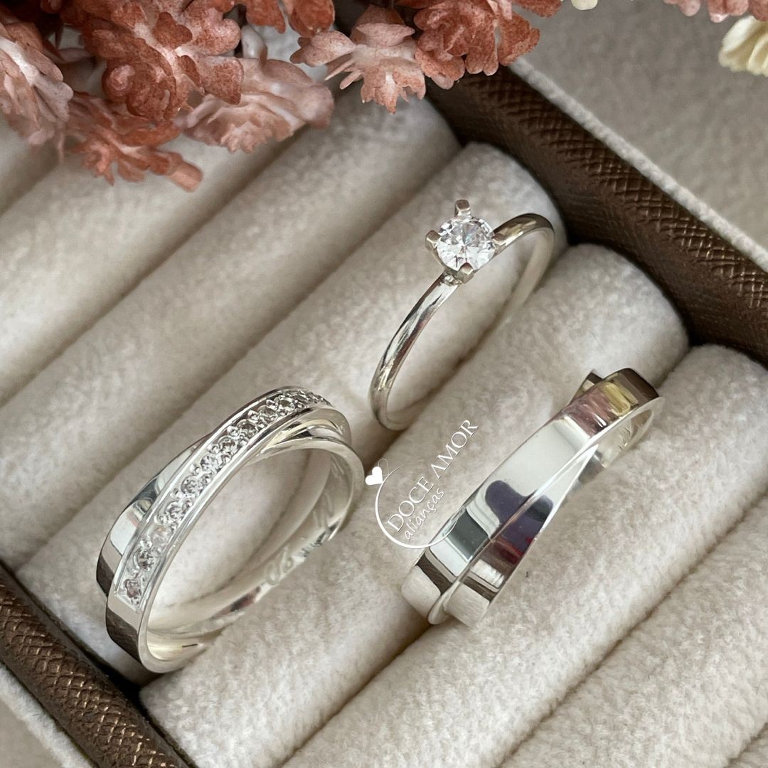 Par de Alianças em Prata 950  Modelo: DA-047 - Solitário Tradicional 