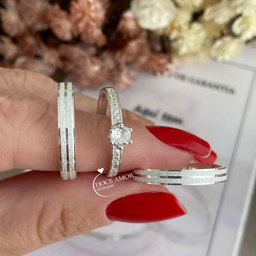 Par de Alianças em Prata 950- 3mm   Modelo: DA-011-2  Solitário Ellegance  