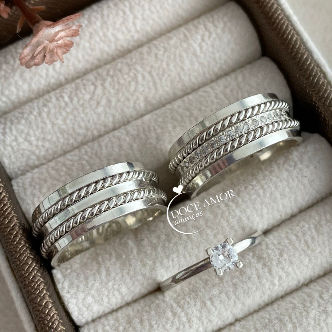 Par de Alianças em Prata 950  10 mm Modelo: DA-049  Solitário Tradicional 