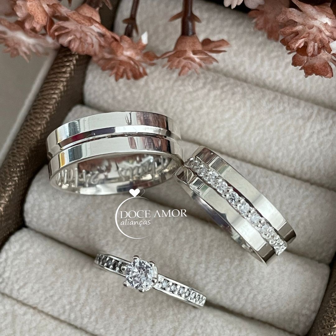 Par de Alianças em Prata 950  6mm   Modelo: DA-015-3  Solitário Ellegance