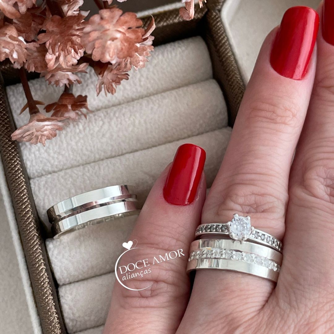 Par de Alianças em Prata 950  6mm   Modelo: DA-015-3  Solitário Ellegance