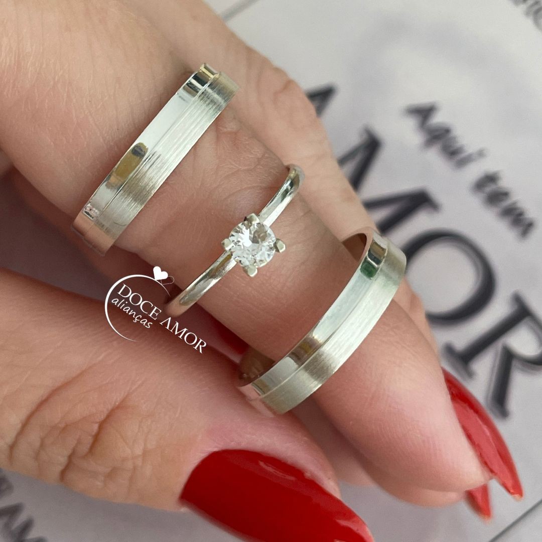 Par de Alianças em Prata 950- 4mm Modelo: DA-054-1  Solitário Tradicional