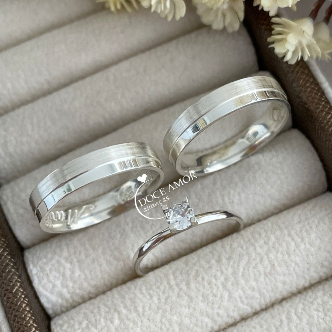 Par de Alianças em Prata 950- 4mm Modelo: DA-054-1  Solitário Tradicional