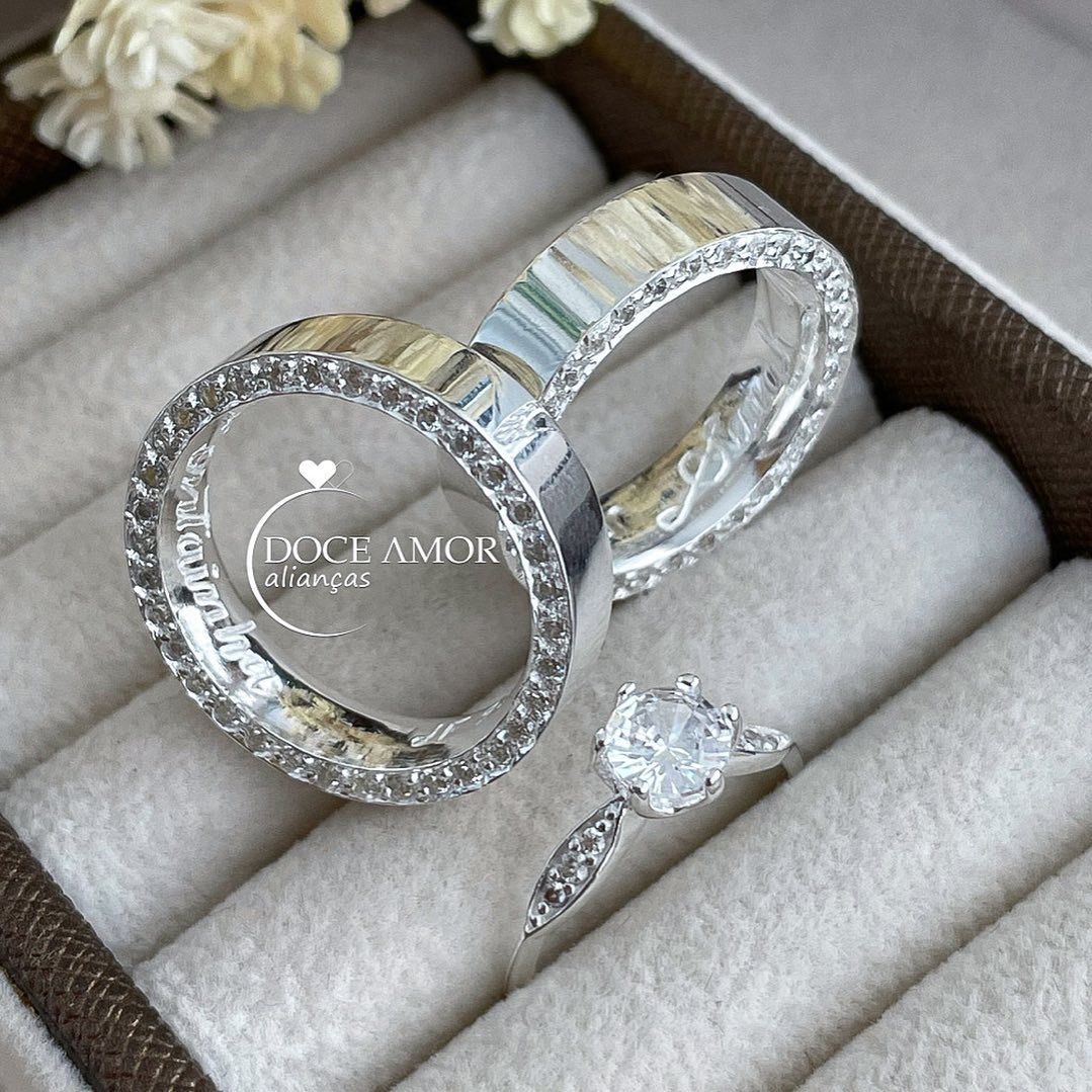 Par de Alianças em Prata 950  5mm   Modelo: DA-014-2  Solitário Cinderela