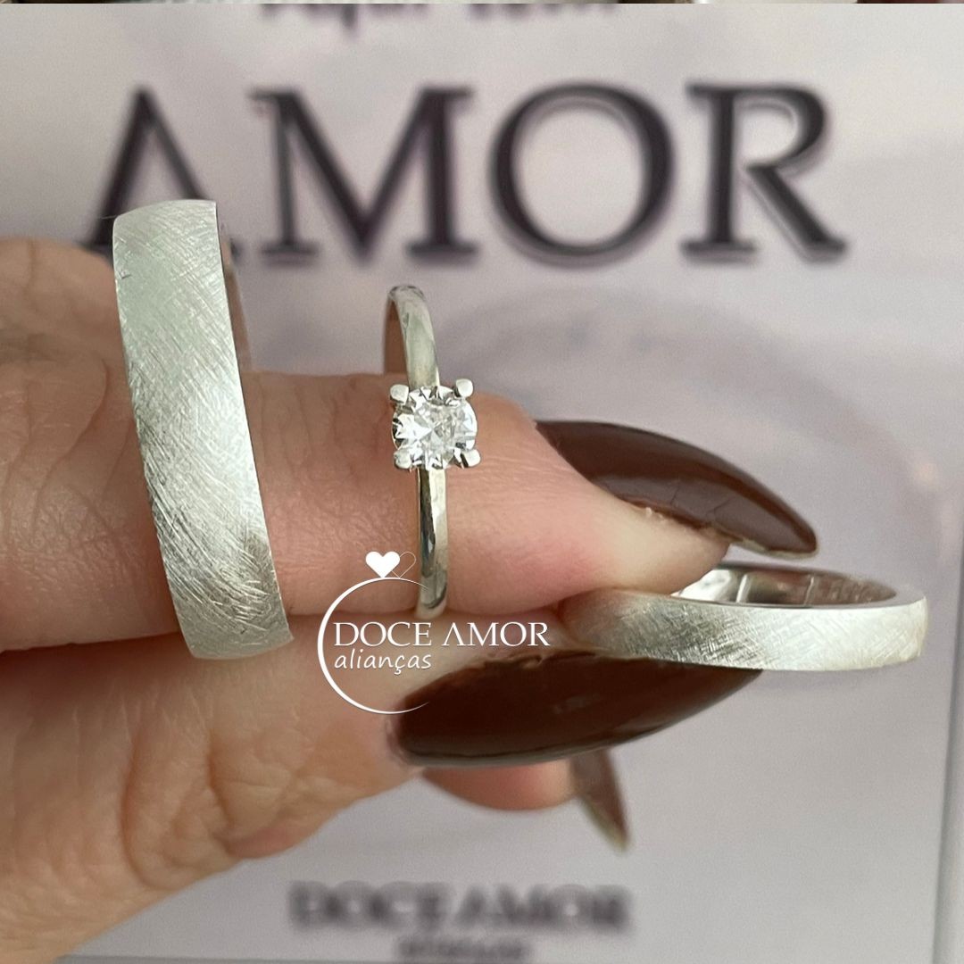Par de Alianças em Prata 950- 5mm e 3mm Modelo: DA-055  Solitário Tradicional